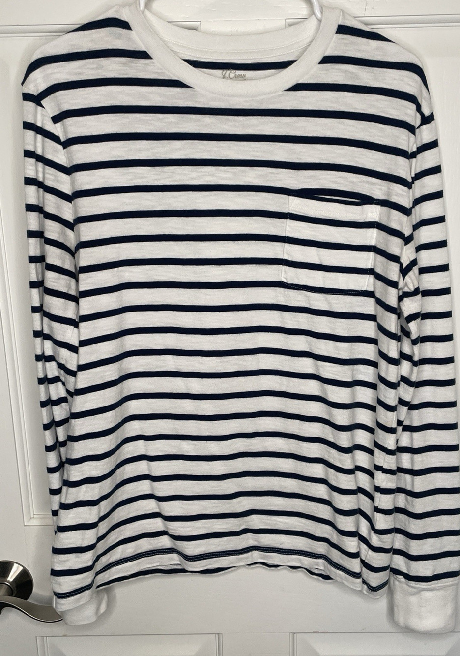 J Crew Women’s 100% Cotton Striped Slub Pullover Tee Sz M Long Slv Preppy Marine
